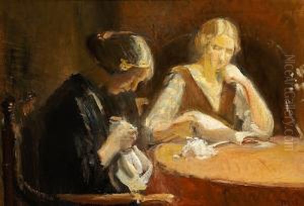 Interior With Two Girls Oil Painting by Michael Ancher