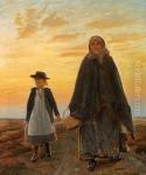 Evening In Skagen With Elsie Walking With A Little Girl Oil Painting by Michael Ancher