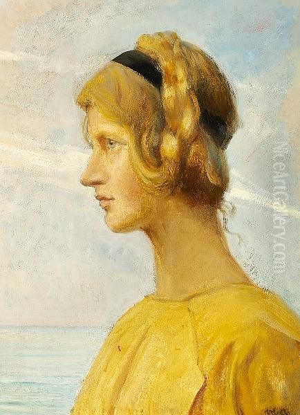 A Girl From Skagen In A Yellow Dress Seen In Profile With The Sea In The Background Oil Painting by Michael Ancher