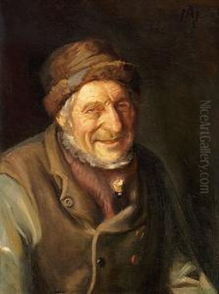 A Smiling Old Man From Skagen With A Bottle Tucked Into His Waistcoat Oil Painting by Michael Ancher