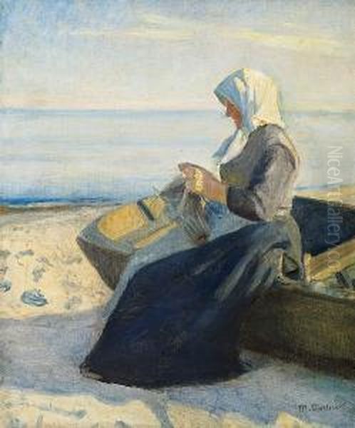 A Fisherwoman From Skagen Knitting On The Beach Oil Painting by Michael Ancher