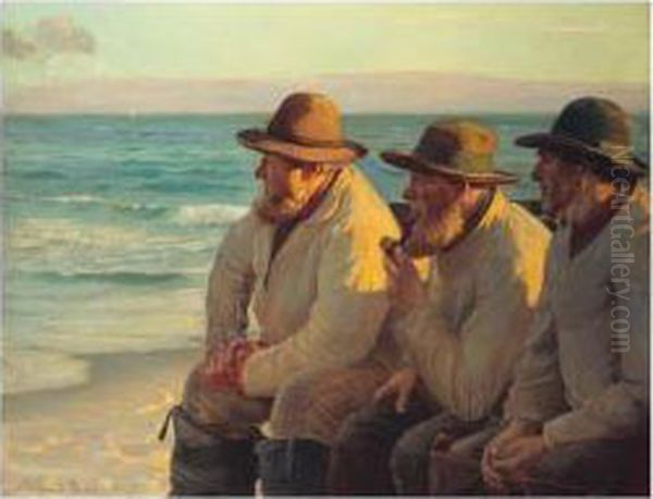 Mens Vaadet Kastes Aftensol (looking Out To Sea) Oil Painting by Michael Ancher