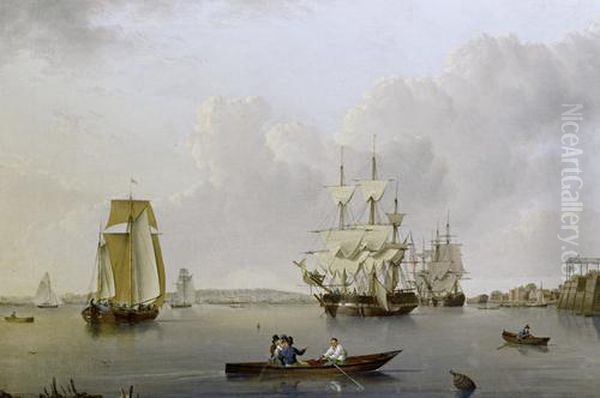 Merchant Ships And Indiamen 
Lying Off The Isle Of Dogs With Smaller Vessels In The River And 
Greenwich Hospital On The Opposite Bank Oil Painting by William Anderson