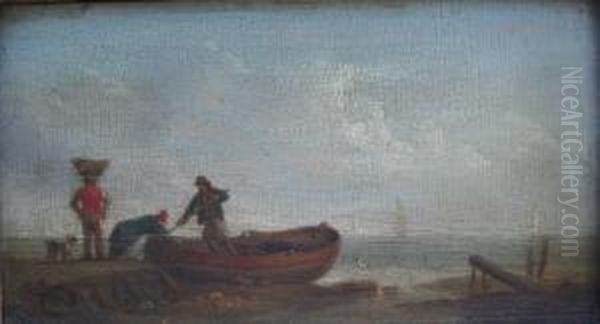 Fisherfolk With Boats On The Shore Oil Painting by William Anderson