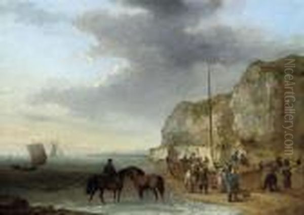 A Gentleman Resting His Horses 
In The Shallows With Fisherfolk On The Foreshore Unloading The Catch Oil Painting by William Anderson