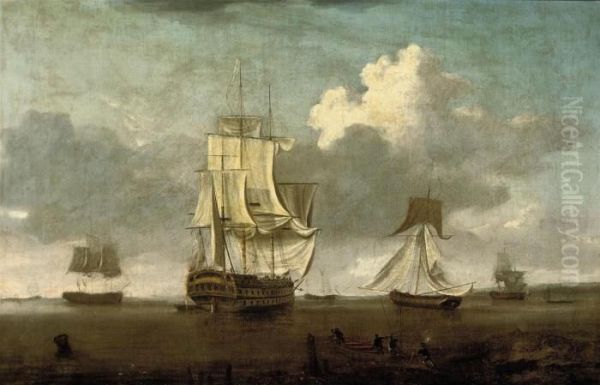 A Flagship Departing From The Anchorage Oil Painting by William Anderson