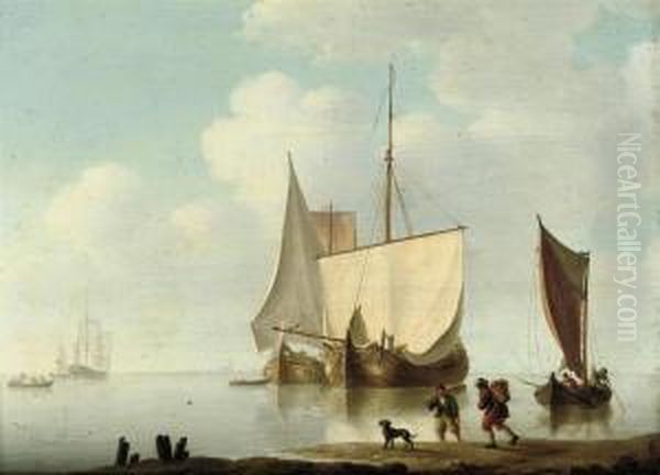 Dutch Barges At Anchor In A Calm Oil Painting by William Anderson