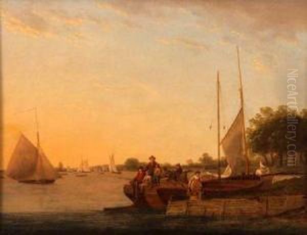 A View Of Bray On The Thames With Anglers On A
Barge And Other Shipping Beyond Oil Painting by William Anderson