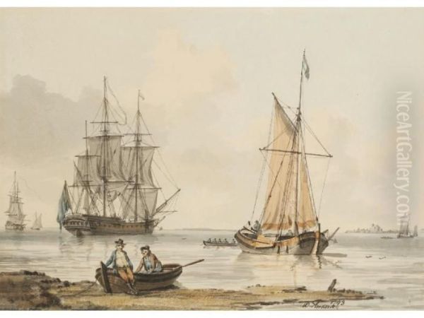 A Dutch Fishing Port In A Calm Oil Painting by William Anderson