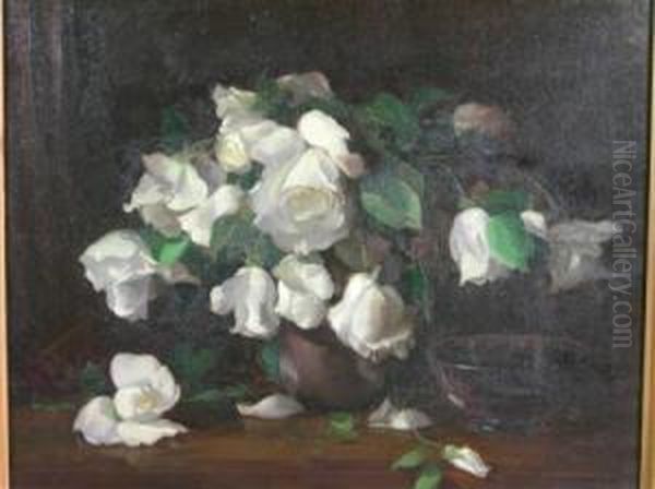 White Niphetos Roses Oil Painting by William Anderson