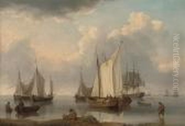 A British Warship, Dutch Barges And Other Coastal Craft On Theijselmeer In A Calm Oil Painting by William Anderson