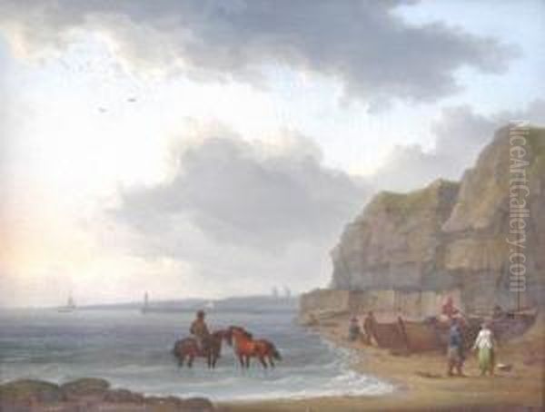 On The Shore With Boats, Horses And Figures Oil Painting by William Anderson