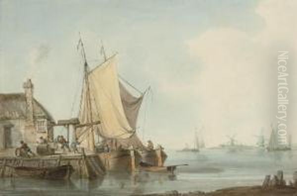 Unloading Barrels Onto The Quayside Oil Painting by William Anderson