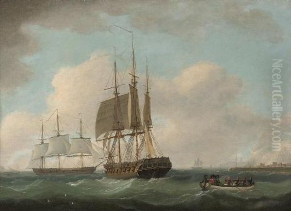 English Frigates Hove-to Off A Port, With Officers Being Rowed Ashore Oil Painting by William Anderson