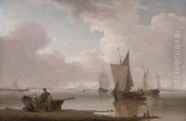 Small Traders In A Calm On An Estuary, With Fisherfolk In The Foreground Oil Painting by William Anderson