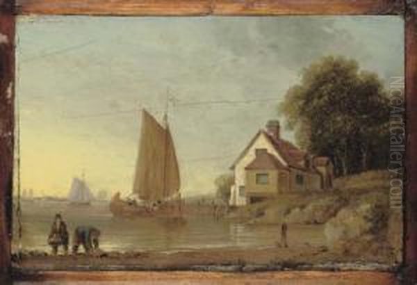 An Estuary Scene With Figures And Fishing Boats Oil Painting by William Anderson