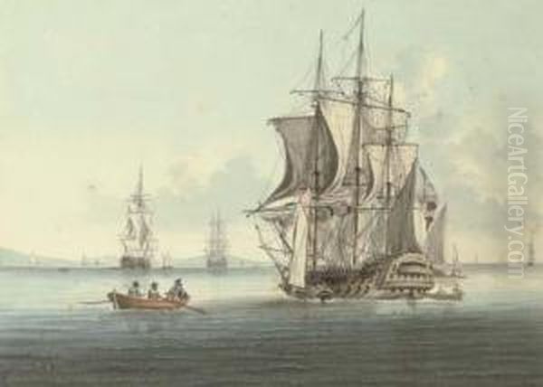 A Two-decker Lying At Anchor, Drying Her Sails As She Takes On Stores Oil Painting by William Anderson