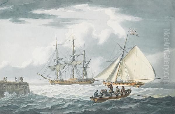 An Armed Naval Cutter Running Out To An Anchored Frigate Oil Painting by William Anderson