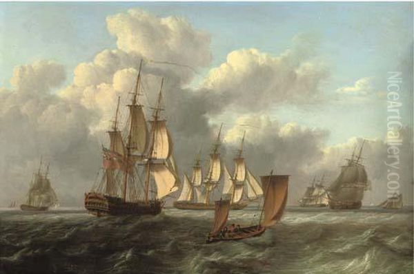 A Squadron Of Frigates Arriving At A Rendezvous With A Lugger Passing Them Oil Painting by William Anderson