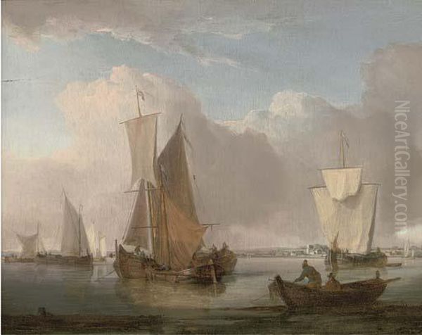 A Cluster Of Barges Drying Their Sails In Shoreham Harbour Oil Painting by William Anderson