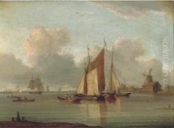 Barges In A Calm On The Estuary With A Trading Brig Beyond Oil Painting by William Anderson