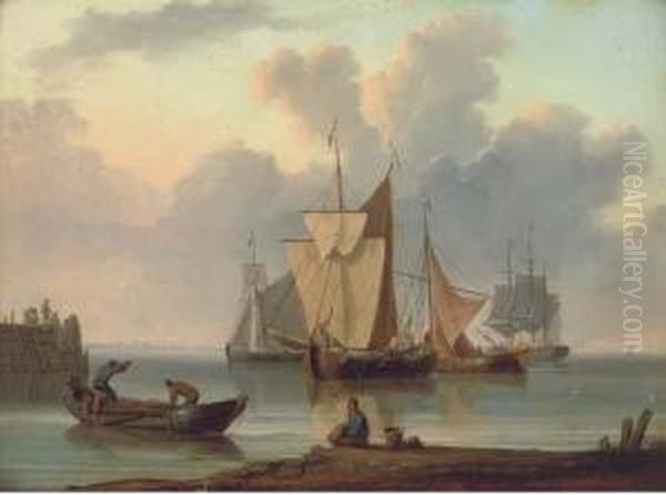 Shipping Offshore With Onlookers On The Beach Oil Painting by William Anderson