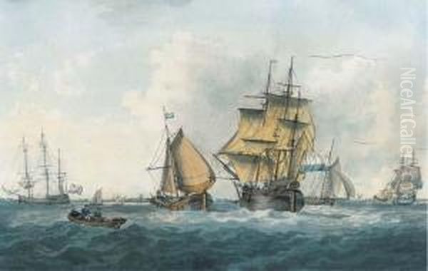 Dutch Traders And Barges Off The Low Countries Oil Painting by William Anderson