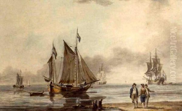 Dutch Shipping Offshore In A 
Calm, With A Passenger-carrying Hoy Heading Out From The Shore Oil Painting by William Anderson