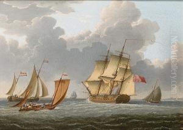 A Royal Navy 32-gun Frigate Making Her Way Through Various Small Craft Off The Coast Oil Painting by William Anderson