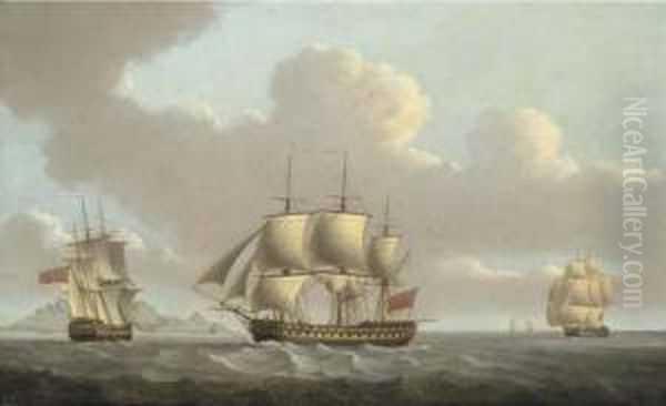 A 74 Gun Third Rate In Two 
Positions Off Table Bay, Cape Of Goodhope, With Table Mountain In The 
Distance Oil Painting by William Anderson