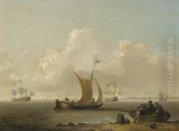 A Dutch Warship And Merchantmen 
In An Estuary, With Figuresunloading Barrels On The Foreshore Oil Painting by William Anderson