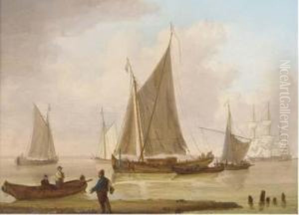 Dutch Barges Drying Their Sails Off A Village; And Commercialtraffic Anchored Offshore Oil Painting by William Anderson