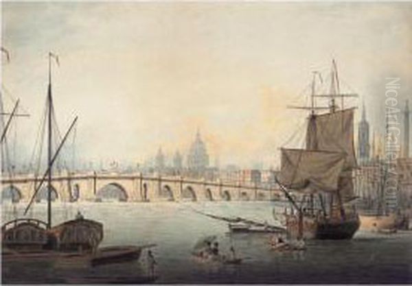 The Thames At London Bridge With St. Pauls And Monument Beyond Oil Painting by William Anderson