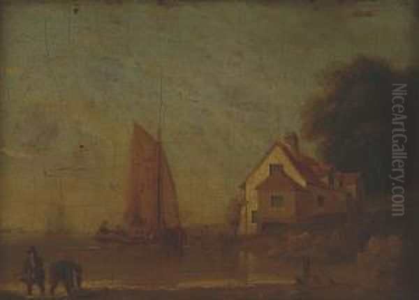 Shore Scene With Figures In The Foreground And Sailing Barges Beyond Oil Painting by William Anderson