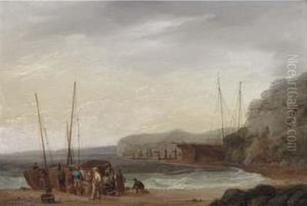 Beach Scene With Boats And Figures Oil Painting by William Anderson