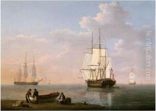 Frigates At Anchor, With A Ship's Cutter On Shore Oil Painting by William Anderson