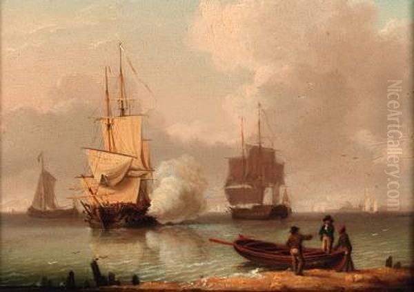 Men-o'war Preparing To Sail With One Firing A Salute Oil Painting by William Anderson