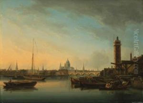 View Across The River Thames 
With A Timber Yard In The Foregroundand St. Paul's Cathedral Beyond Oil Painting by William Anderson