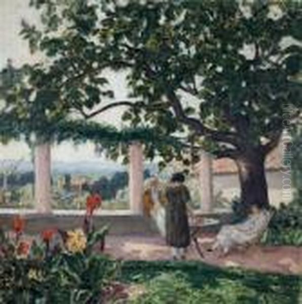 Sur La Terrasse A Laudun Oil Painting by Albert Andre