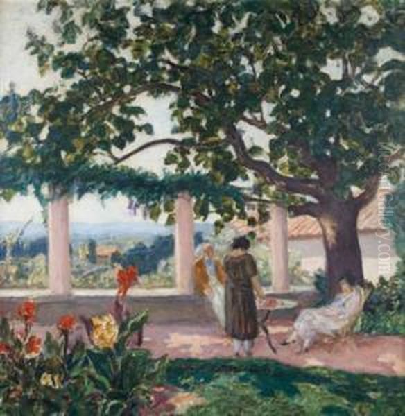 Sur La Terrasse A Laudun Oil Painting by Albert Andre