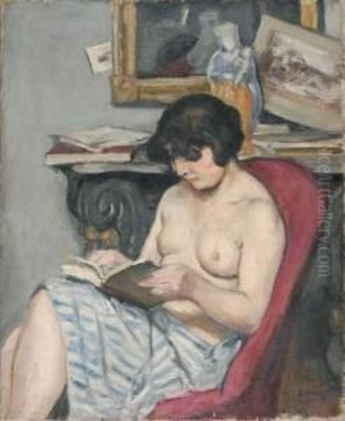 Femme Assise Mi-nu Dans Un Fauteuil Rouge Oil Painting by Albert Andre