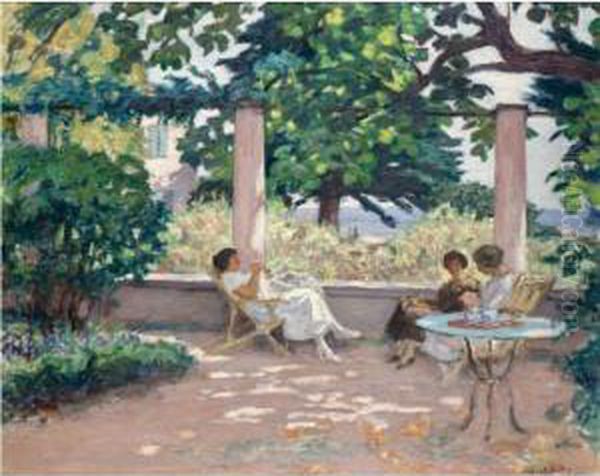 Property From An Important Private Collection
 

 
 
 

 
 Trois Jeunes Femmes Sur Une Terrasse A Laudun Oil Painting by Albert Andre