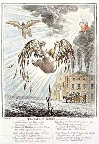 Satirical cartoon depicting the Fall of Icarus with reference to the Exchequer Oil Painting by James Gillray