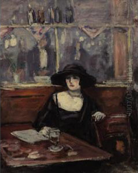 Woman In A Cafe Oil Painting by Albert Andre