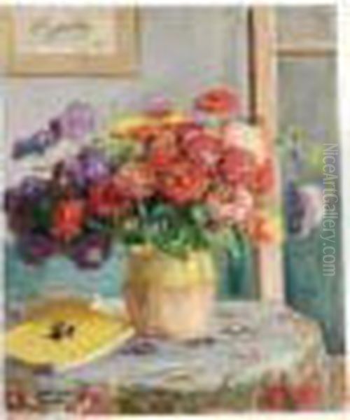 Zinnias, Fond Bleu Oil Painting by Albert Andre