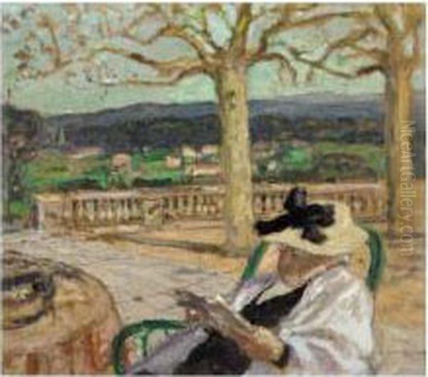 Femme Lisant A La Terrasse (mme Frantz Jourdain) Oil Painting by Albert Andre