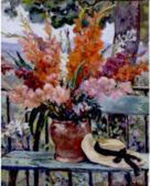 Nature Morte Aux Glaieuls Et Chapeau De Paille Oil Painting by Albert Andre