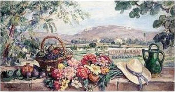 Nature Morte Au Bouquet Et Au Chapeau De Paille Devant Un Paysage Des Environs De Laudun Oil Painting by Albert Andre