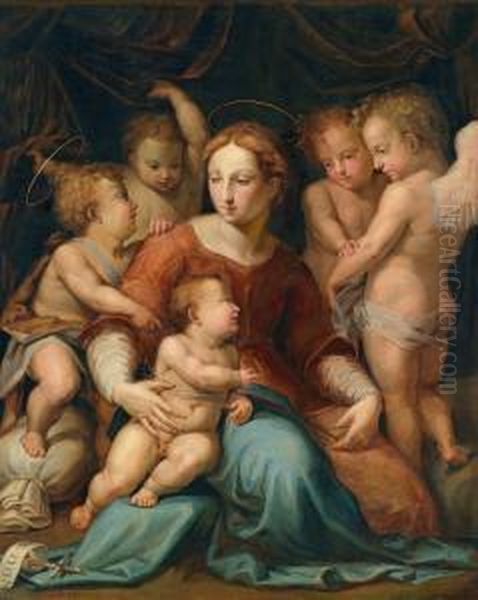 Cerchia Madonna Con Bambino E San Giovannino Oil Painting by Andrea Del Sarto