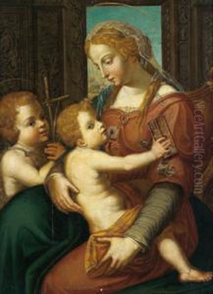 Xvi Secolo Madonna Con Bambino E San Giovannino Oil Painting by Andrea Del Sarto